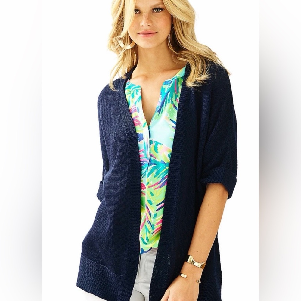 Lilly Pulitzer Navy Harbour Kimono Cardigan Dolman Open Front Wrap XS C26-015